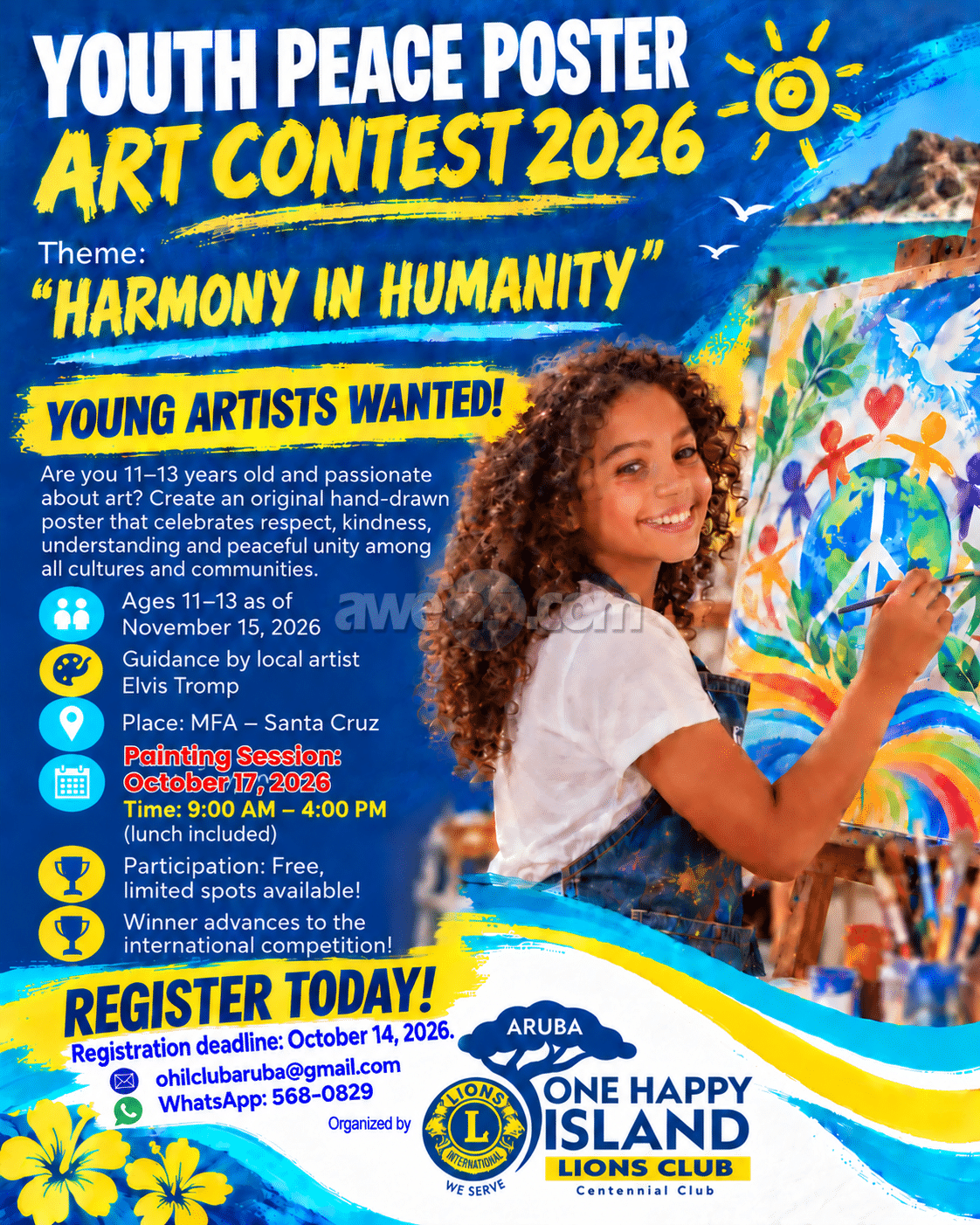ARUBA ONE HAPPY ISLAND LIONS CLUB ta invita hobennan pa expresa nan vision di paz pa medio di arte